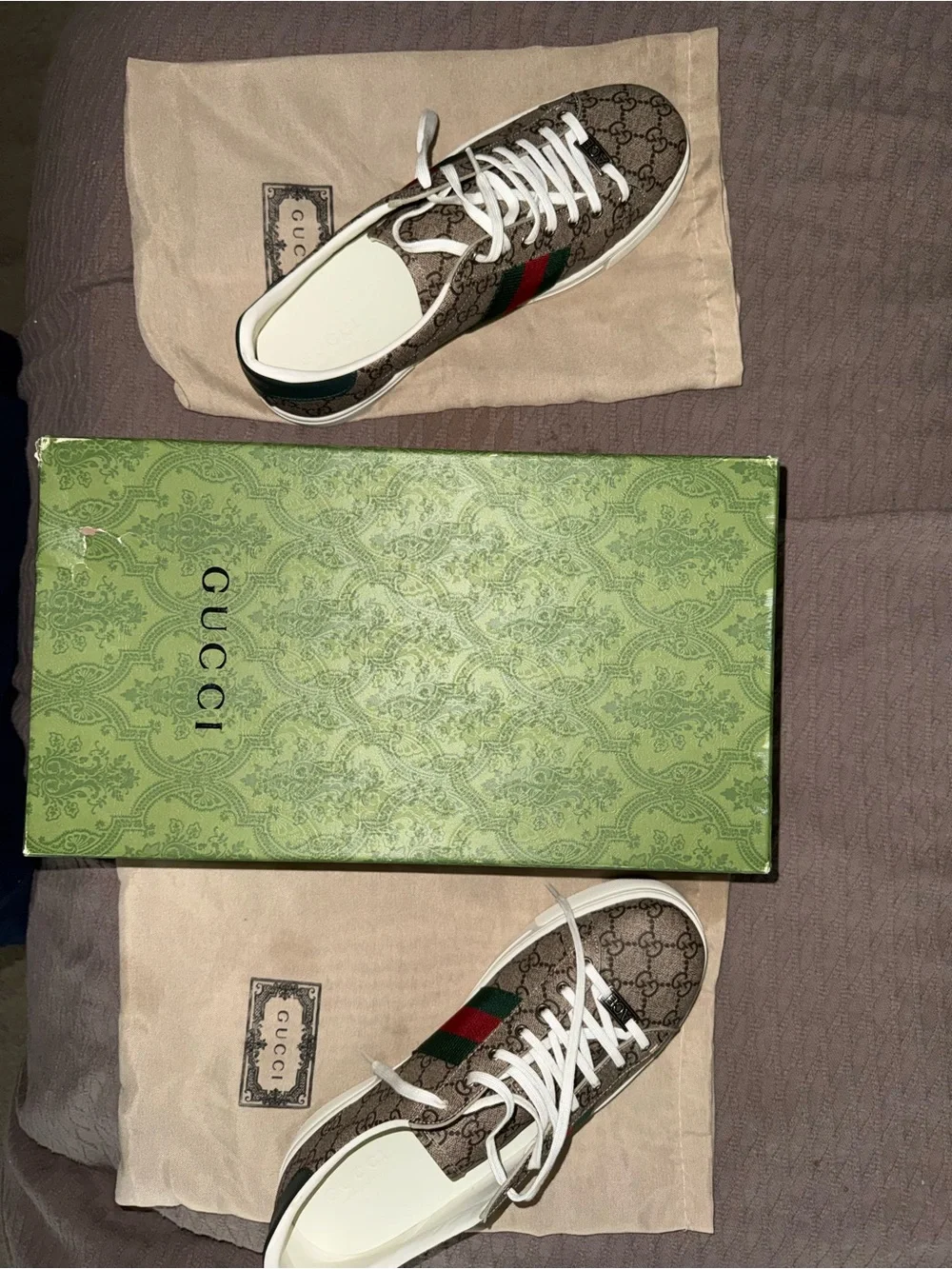 Gucci Brown GG Canvas Sneaker with White Laces and Green-Red Web